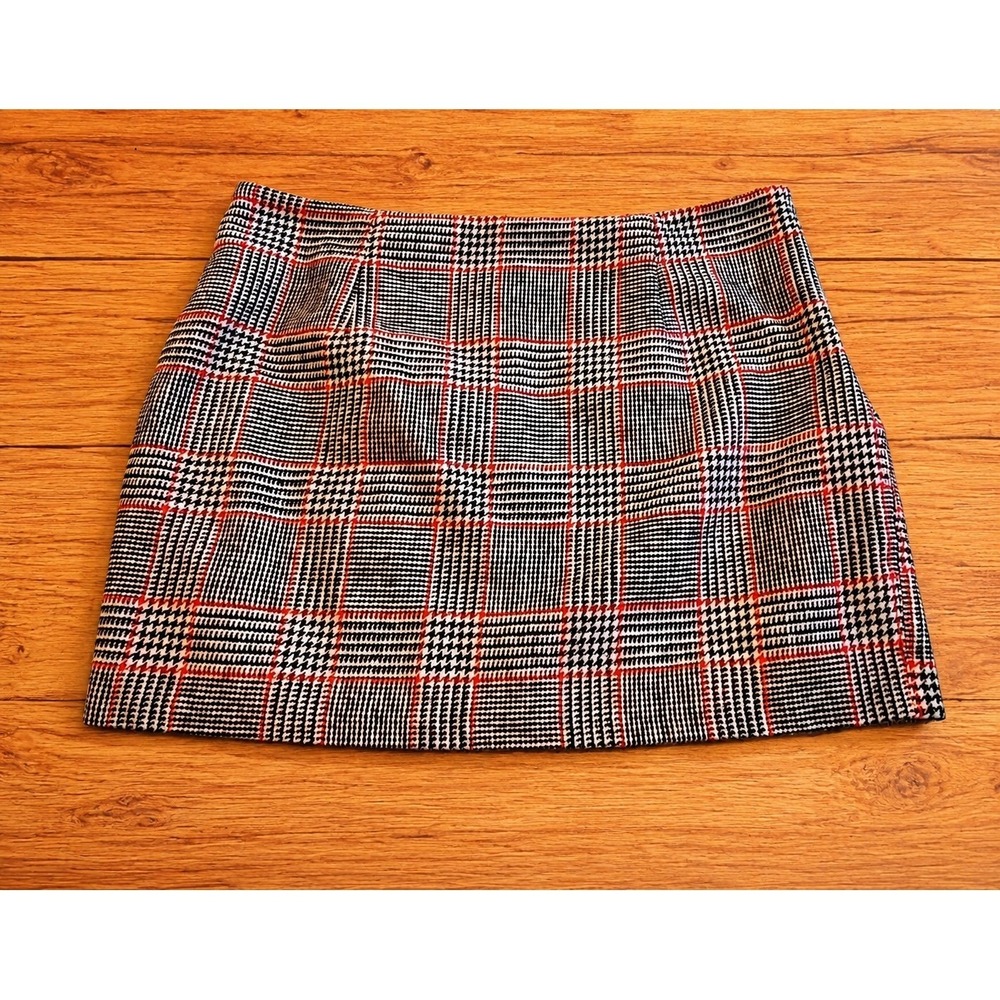 Plus Glen Plaid‎ Mini Skirt Black White Red Check A-Line Lined